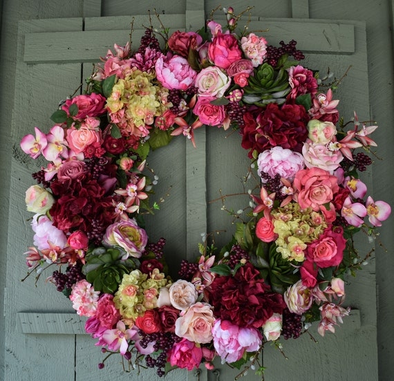 XL Size Wreath with Dense Hydrangea Clusters, Farmhouse Entryway