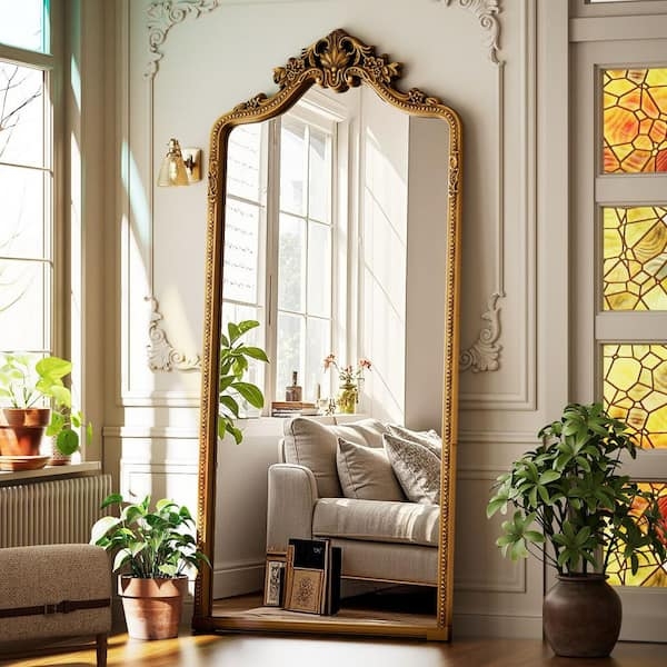 XRAMFY Antique Gold 32 in. W x 71 in. H Arched PU Frame with Ornate Carved Decoration Full Length Mirror Floor Mirror