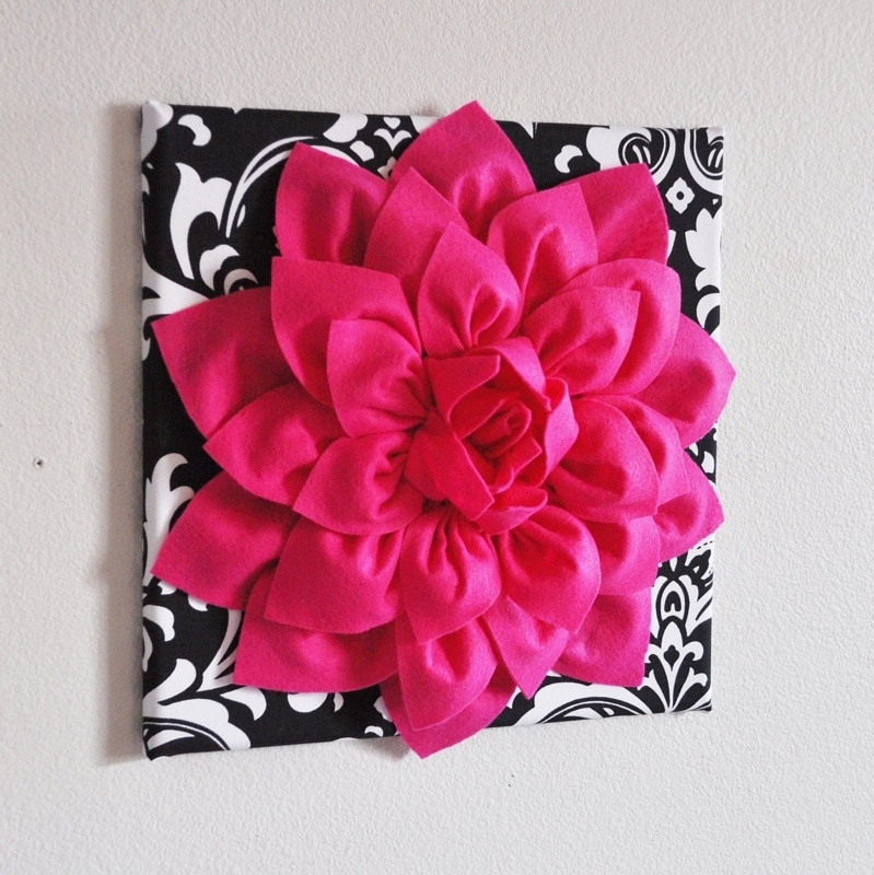 3D Hot Pink Dahlia Canvas Wall Art Black White Damask