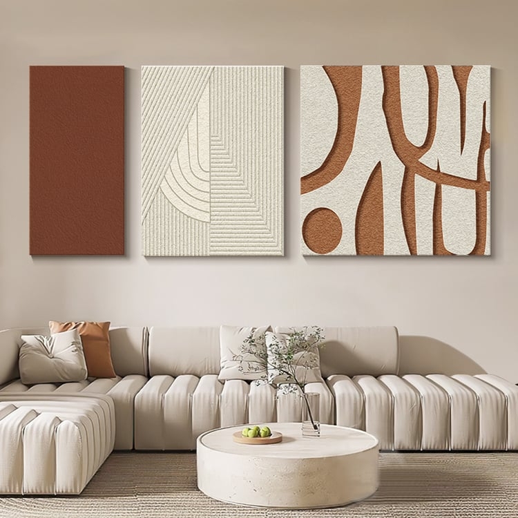 3D Wall Art Triptych: Japandi Geometric Relief & Ribbed Texture