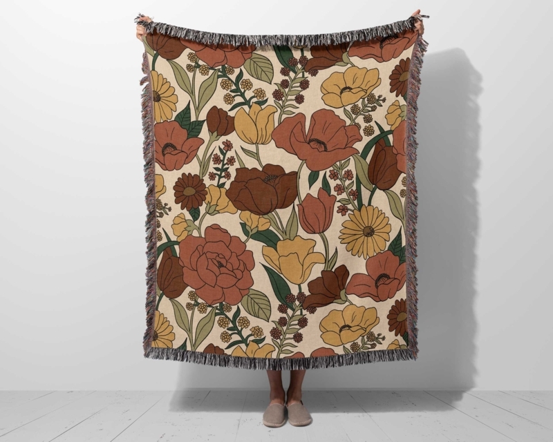 70s Retro Throw Blanket, Warm Palette Floral Woven Textile