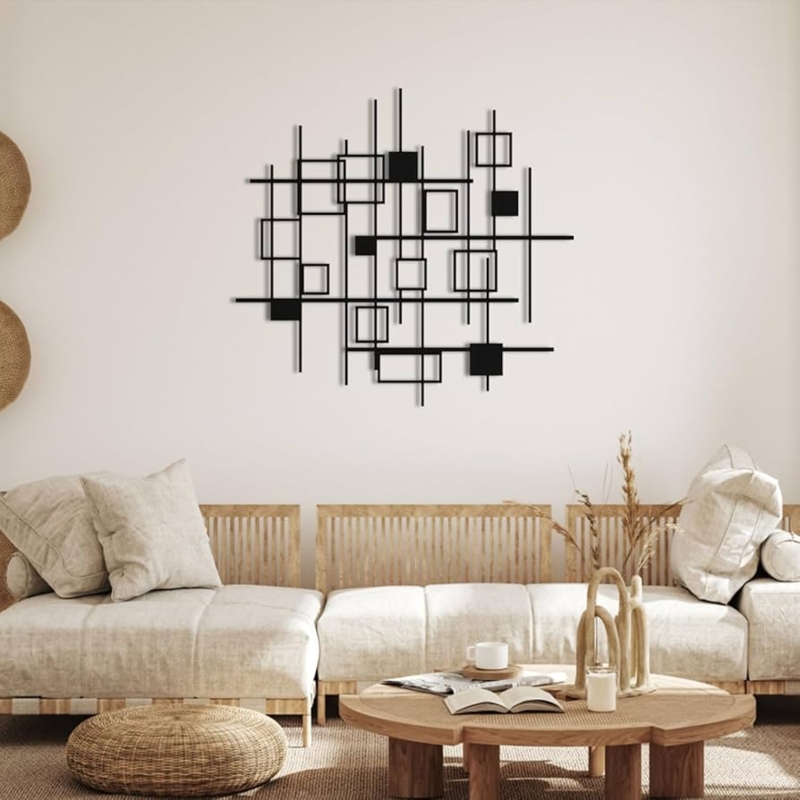 Abstract Metal Wall Sculpture with Wire Frame Design