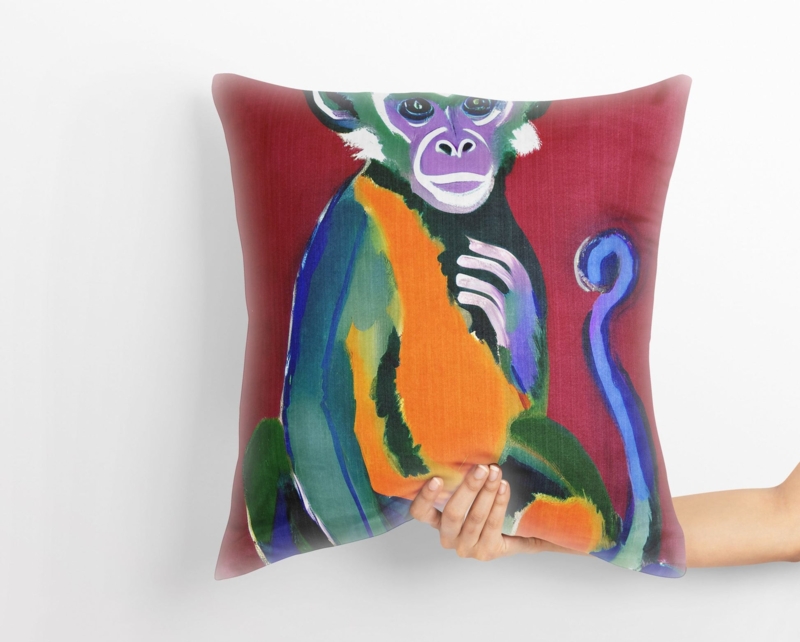 Abstract Monkey Throw Pillow Decor in Vibrant Orange and Teal