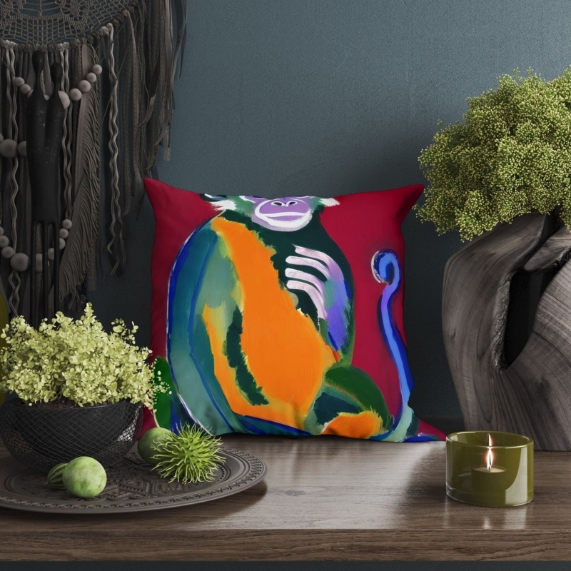 Abstract Monkey Wildlife Throw Pillow in Modern Blue and Orange