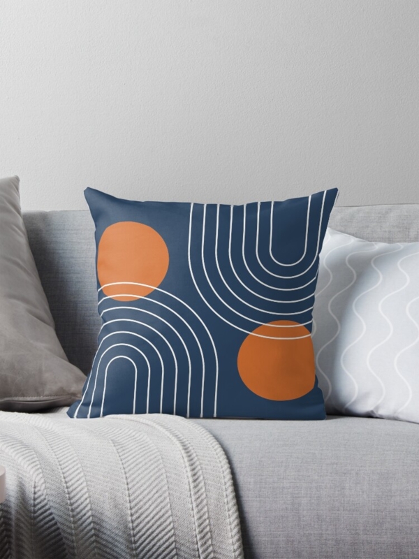 Abstract Sun Motif Throw Pillow with Navy and Warm Geometric Design