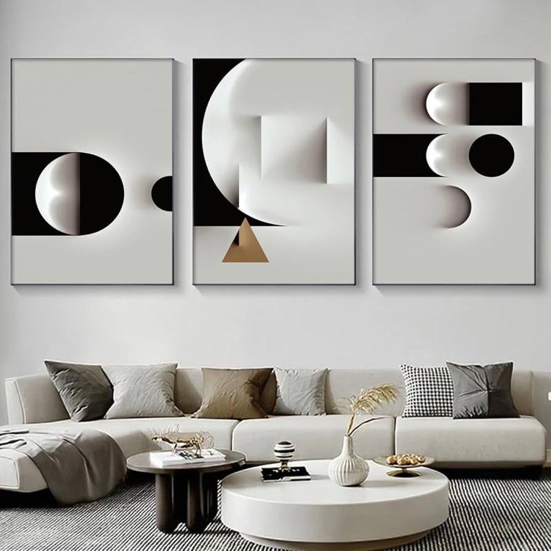 Abstract Triptych Set: Minimalist Monochromatic Geometric Canvas