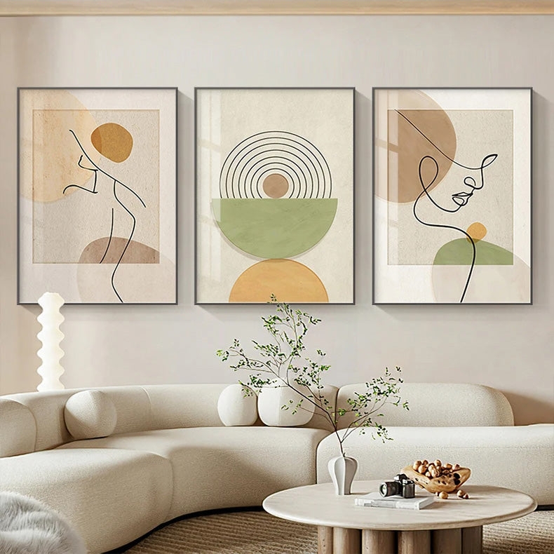 Abstract Wall Art: Line Figure with Sage & Orange Color Blocks