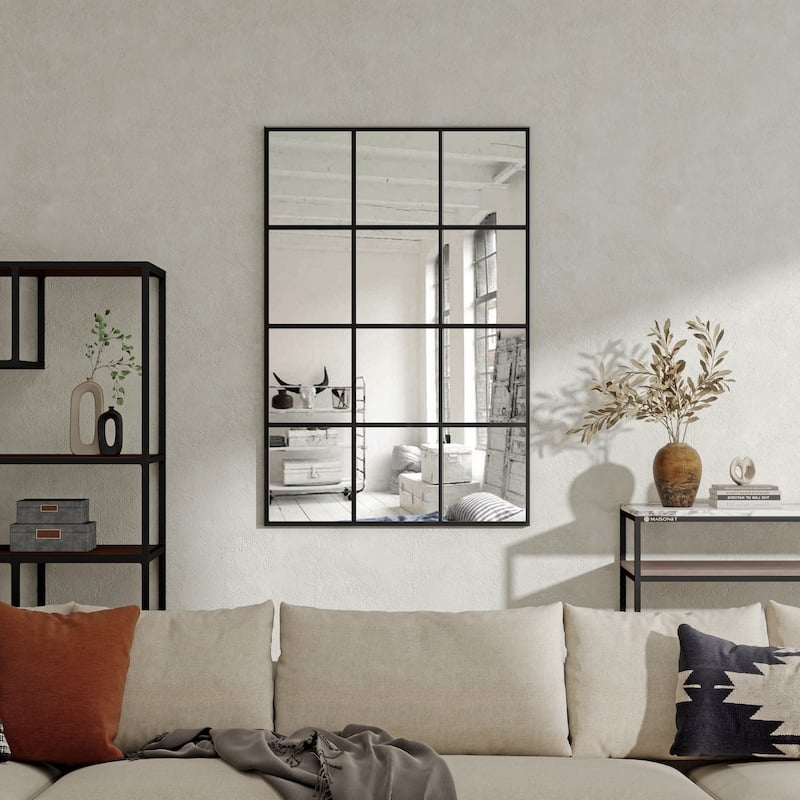 Accent Mirror Antique Black Finish Twelve Pane Grid Window Pane Design