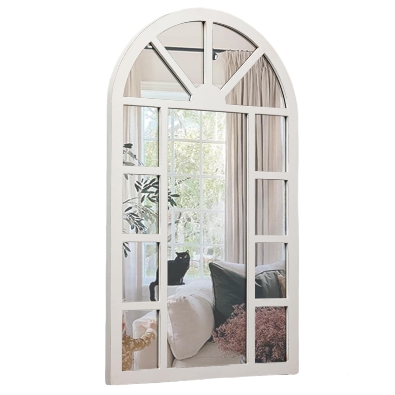 Accent Mirror Arched Top Window Pane Mullions Distressed White Farmhouse