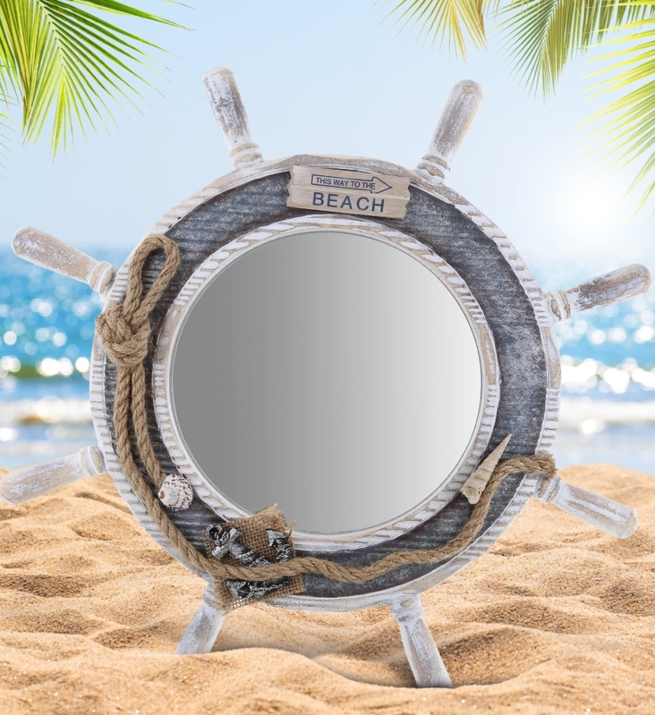 Accent Mirror: Distressed Silver Ship Wheel Design, Nautical Wall Decor