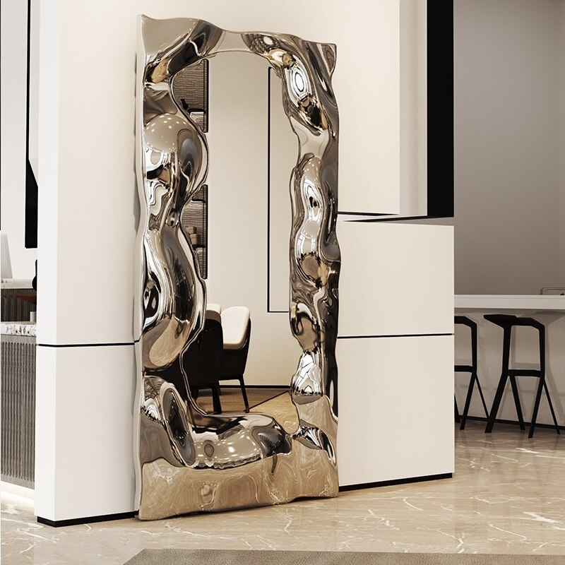 Accent Mirror Floor Standing, Organic Sculptural Rippled Frame