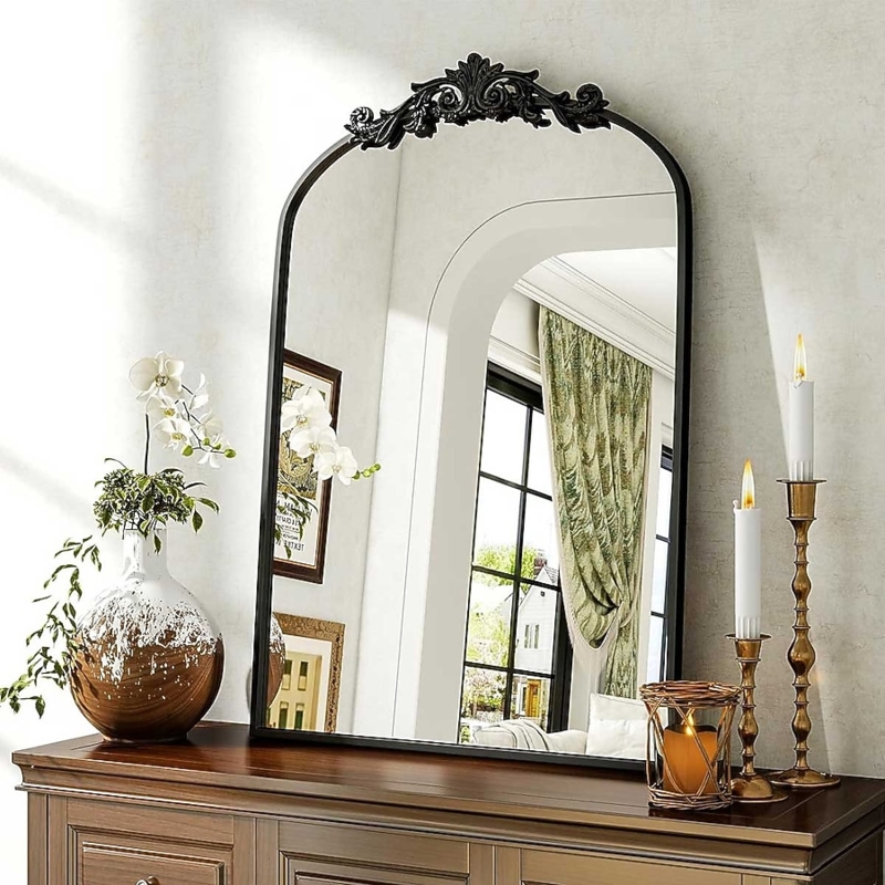 Accent Mirror Floral Apex Crest Burnished Finish Arched Baroque Decor