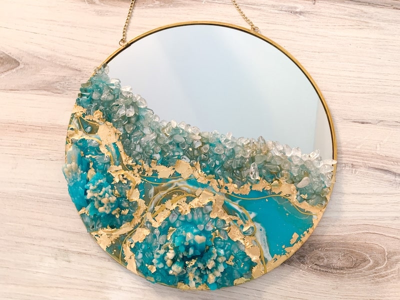 Accent Mirror, Frameless Round with Blue and Gold Resin Geode Art