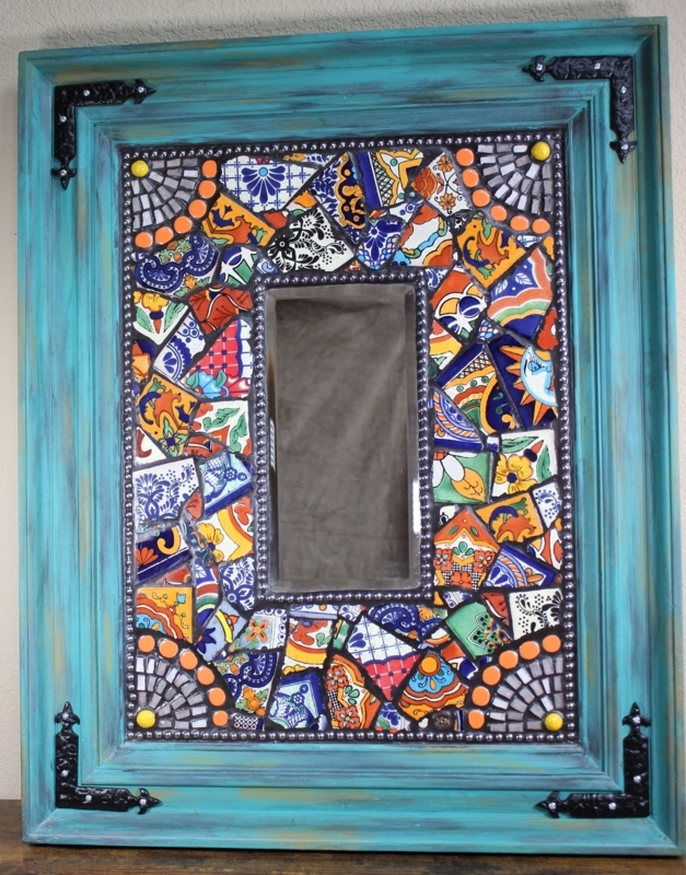 Accent Mirror: Green Broken Tile Mosaic, Mediterranean Beveled Edge Decor.