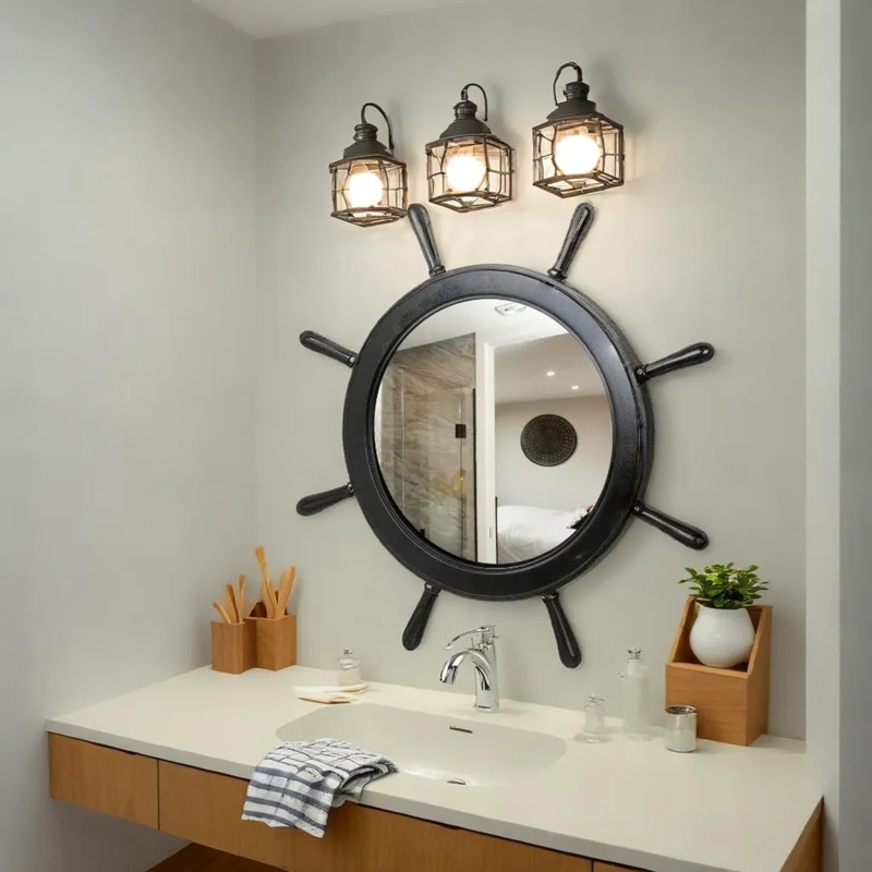 Accent Mirror Matte Black Ship Wheel Frame Nautical Wall Decor