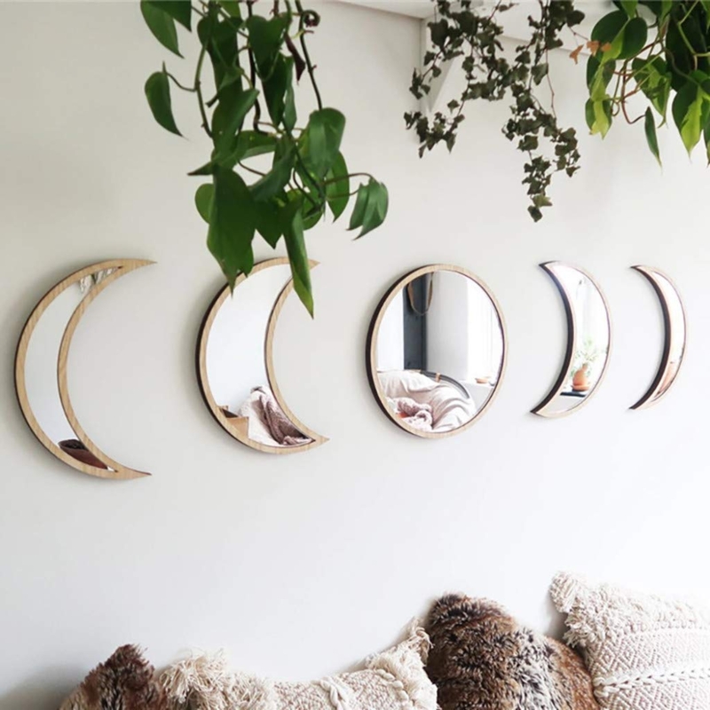 Accent Mirror Moon Phase Motif five piece set wood toned bohemian frames.
