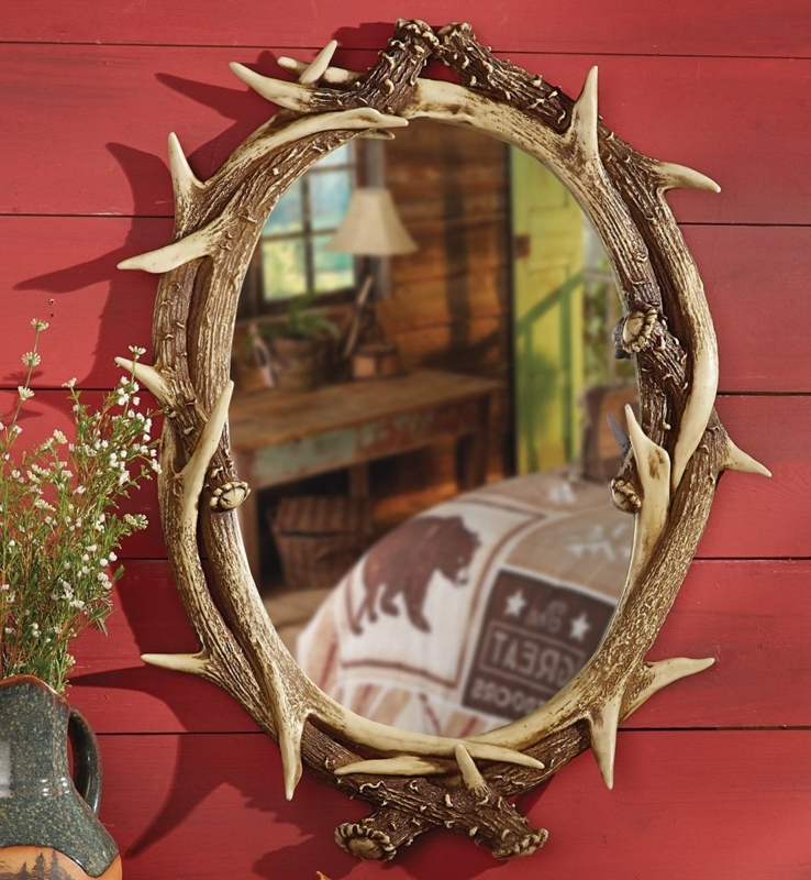 Accent Mirror Oval Shape Faux Antler Frame Rustic Lodge Wall Decor