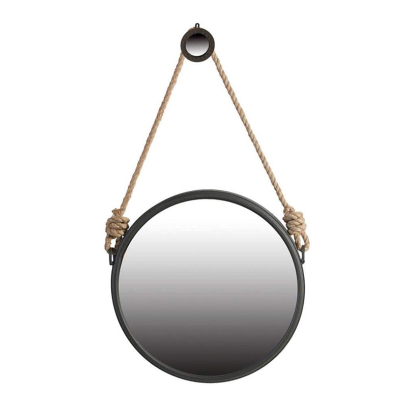 Accent Mirror Round Black Metal Frame Rope Strap Hanging Knob Rustic