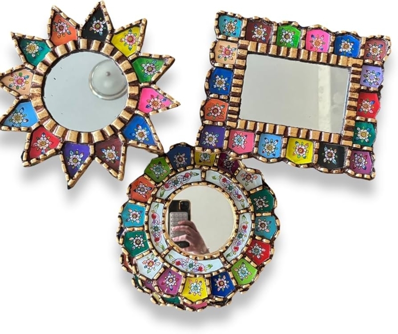 Accent Mirror Round Hand Painted Peruvian Folk Art Style