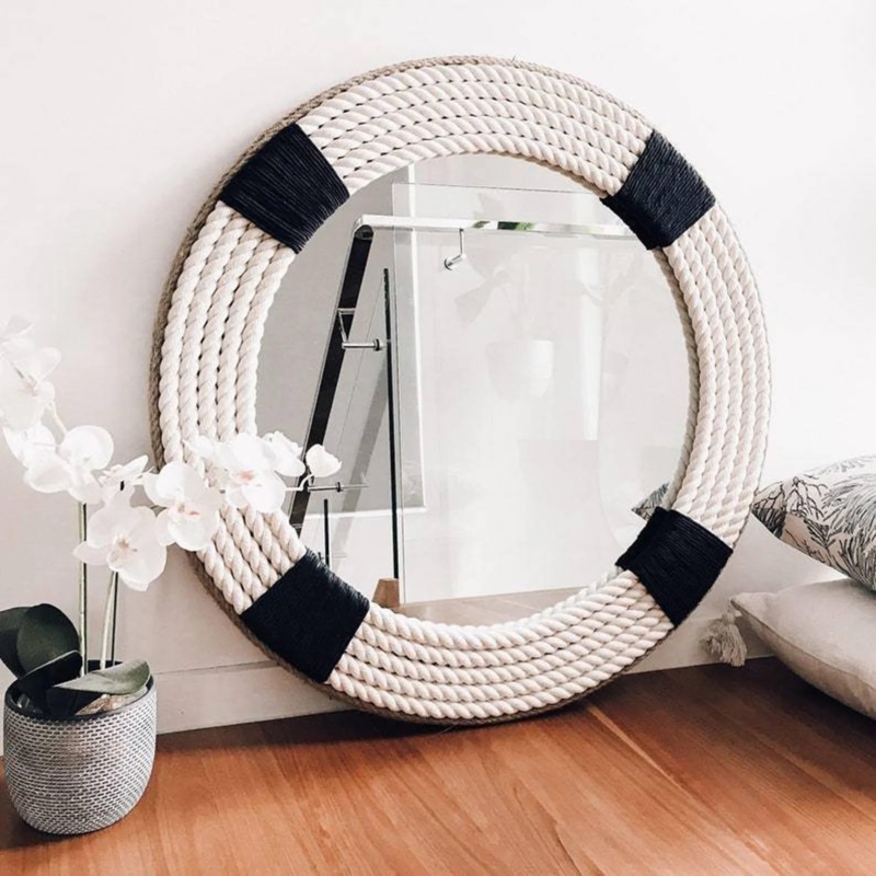 Accent Mirror Round Jute Rope Frame Hanging Loop Nautical Decor