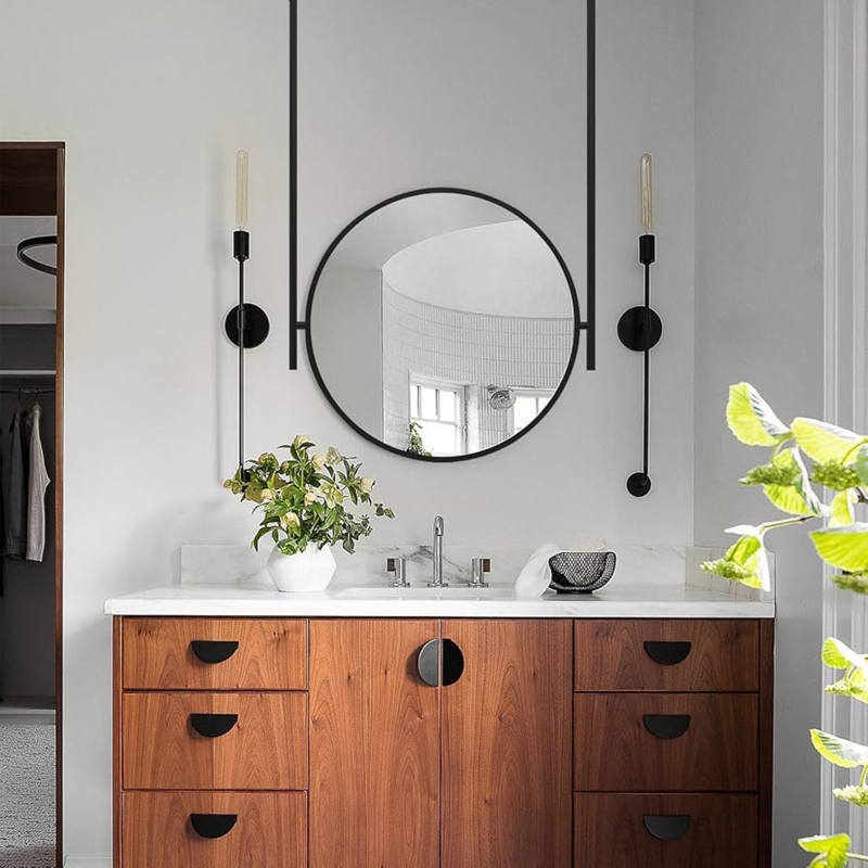 Accent Mirror Round Matte Finish Vertical Rod Airy Bathroom Decor