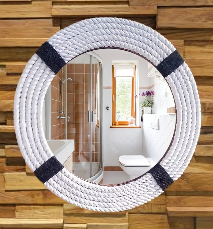 Accent Mirror: Round Nautical Style with Matte White Braided Rope Frame