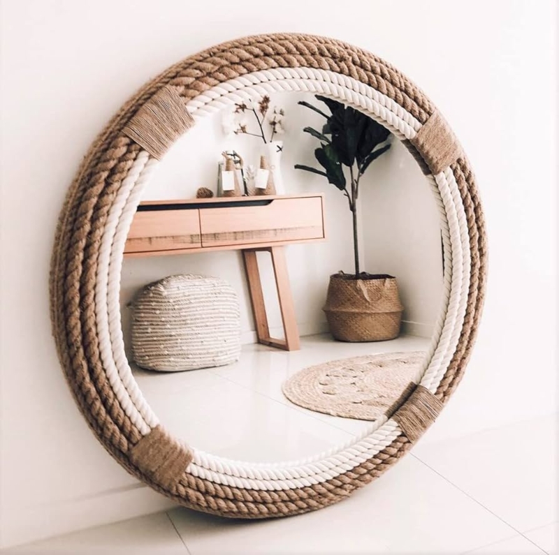 Accent Mirror Round Thick Nautical Rope Frame Integrated Loop Decor