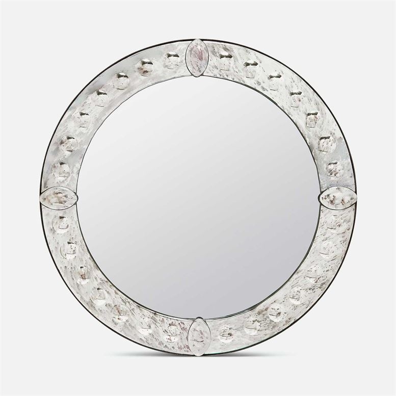 Accent Mirror: Round Venetian Silhouette with Scalloped Edge & Rosettes