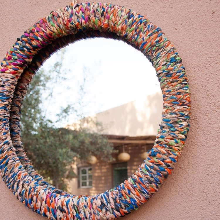 Accent Mirror Set Three Round Multicolored Raffia Fringe Sunburst
