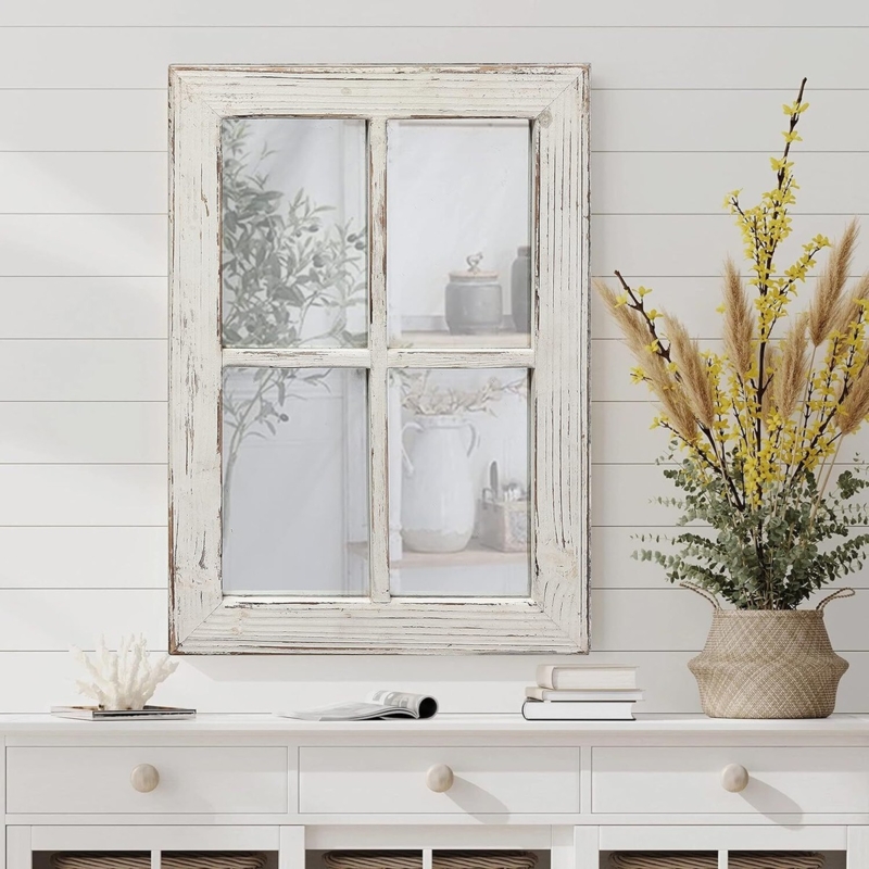 Accent Mirror Six Pane Grid Distressed Whitewashed Window Pane Design