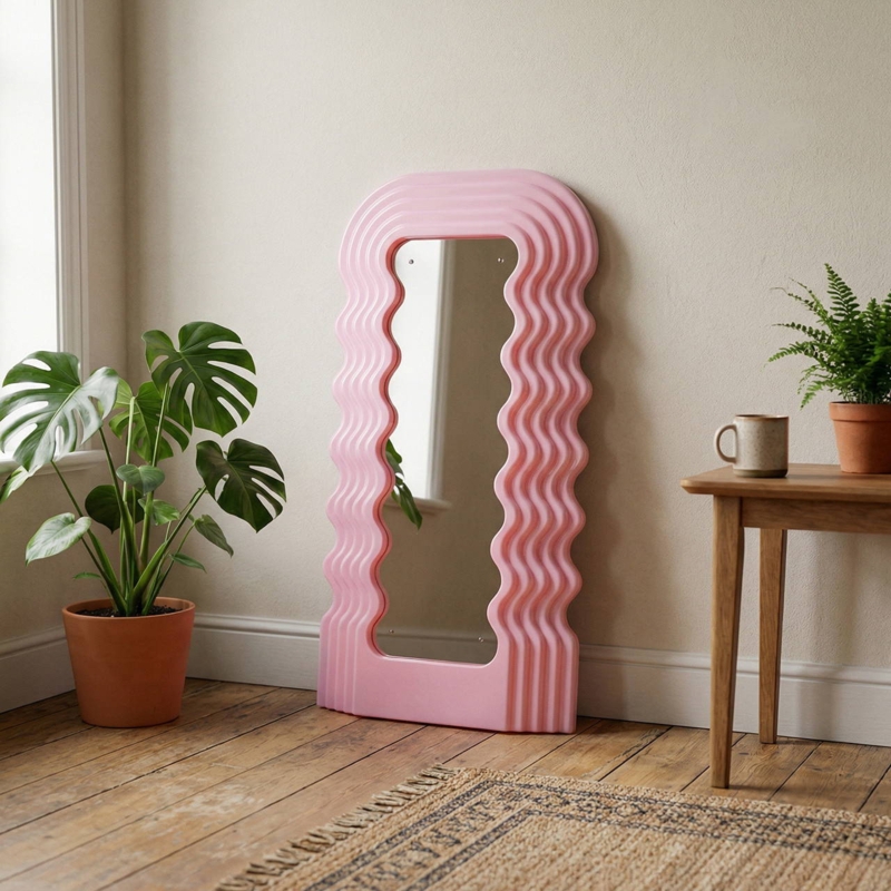 Accent Mirror Wavy Pink Frame Integrated LED Postmodern Style