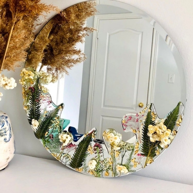 Accent Mirror with Clear Resin Frame and Embedded Pressed Flowers
