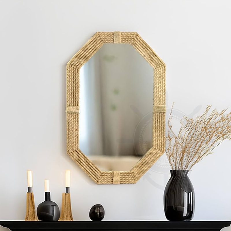 Accent Mirror with Jute Rope Frame and Hanging Loop Nautical Decor