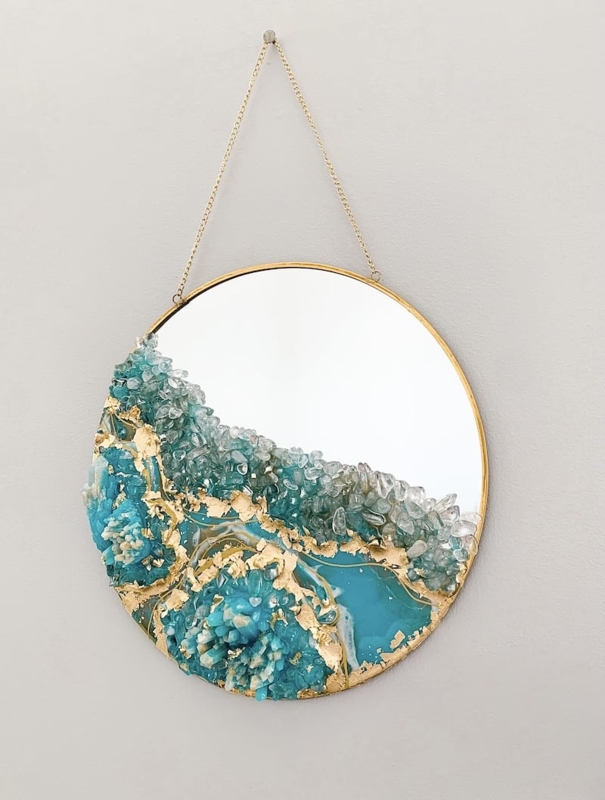 Accent Mirror with Navy and Gold Resin Geode Border, Glam Wall Art