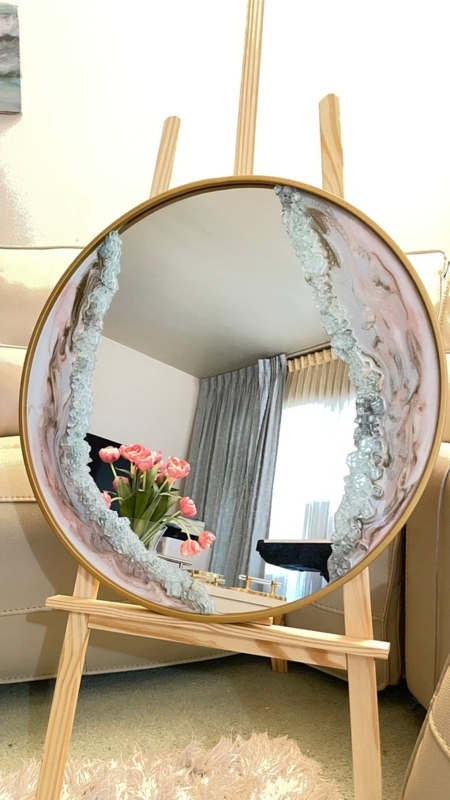 Accent Mirror with Organic Shape and Pink Marbled Resin Frame
