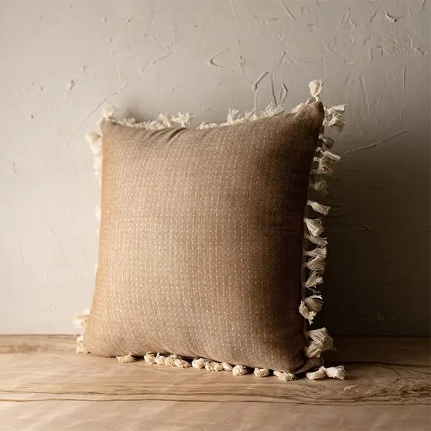 Accent Pillow Boho Farmhouse Cream Wooden Bead Tassels Rectangular