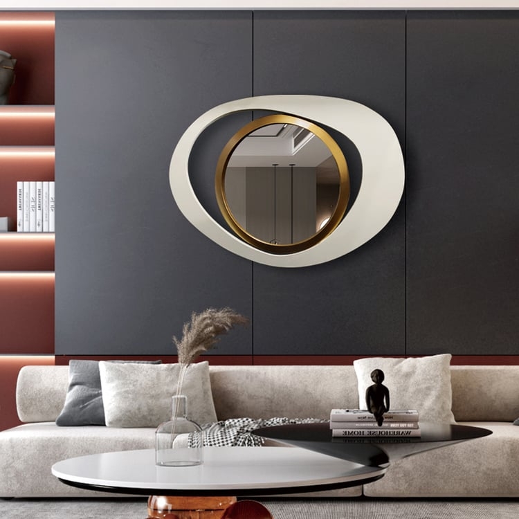 Accent Wall Mirror, Asymmetrical Geometric Overlay in White and Gold