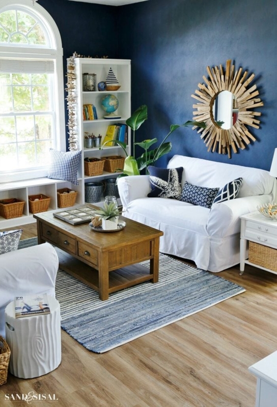 Accent Wall Navy Blue Nautical Coastal Living Room Design Idea