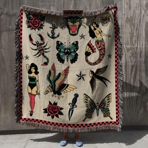 Alternative Throw Blanket with Black Tattoo Flash Illustrations