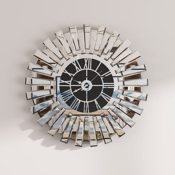 Analog Wall Clock Mirrored Sunburst Radiating Petals Black Face