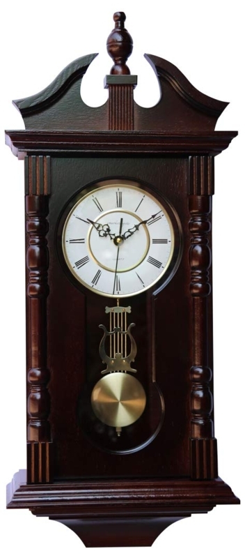Antique Wall Clock with Decorative Pediment and Visible Pendulum