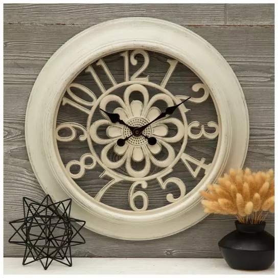 Antique White Wall Clock Layered Petals Distressed Floral Decor