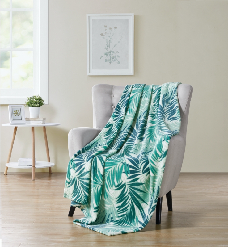 Aqua and Teal Palm Leaf Print Plush Throw Blanket