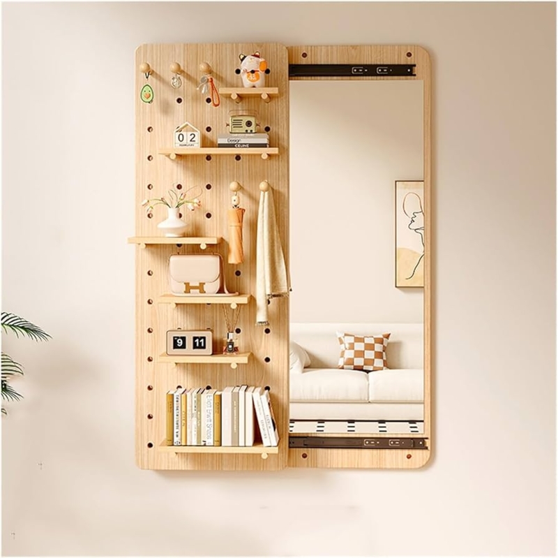 Arched Full Length Mirror with Coat Hooks and Integrated Shelf