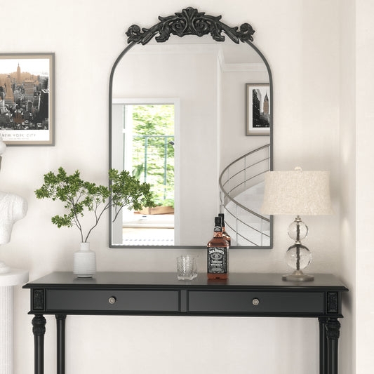 Arched Wall Mirror, Antique Black Finish, Vintage Shelf Styling