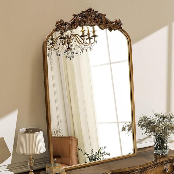 Arched Wall Mirror Baroque Scrolling Antique Brass Finish Crest