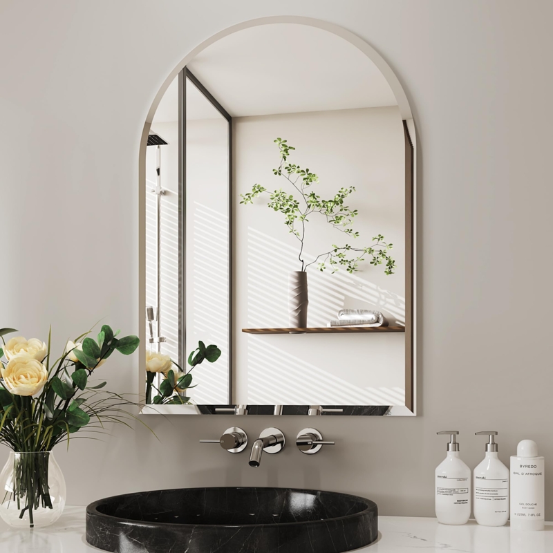 Arched Wall Mirror, Frameless Edge, Subway Tile Bathroom Background