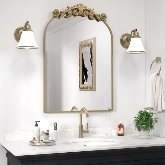 Arched Wall Mirror, Ornate Scrolling Base, Antique Gold Finish Mantel