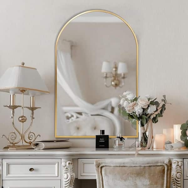 Arched Wall Mirror, Thin Brushed Gold Frame, Contemporary Design