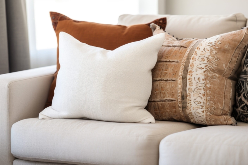 Arrangement of Throw Pillows in Muted Earth Tones and Velvet Mix